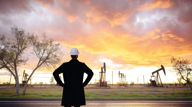 Oil engineer standing at field overviewing pumpjacks at sunset