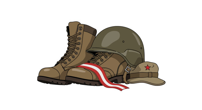 Military boots, helmet, and cap with patriotic ribbon, isolated on white background