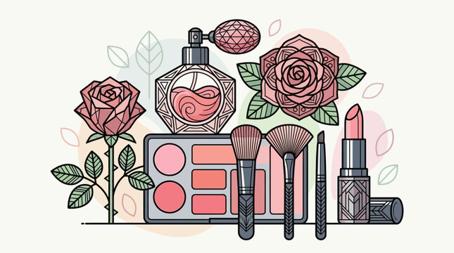 Ilustraci&oacute;n vectorial de estilo lineal con productos de belleza, incluyendo paleta de sombras, brochas de maquillaje, labial, perfume vintage y rosas decorativas sobre fondo claro.
