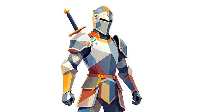 Low Poly Medieval Knight Character Illustration in Full Armor Suit with Sword on Back