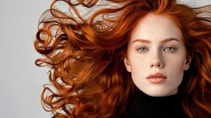 Fototapeta premium Beautiful young woman with vibrant red hair and freckles, posing against a neutral background in a stylish black turtleneck sweater