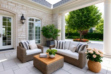 Naklejka premium Luxurious patio with outdoor wicker furniture and stone wall