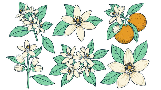 Conjunto de ilustra&ccedil;&otilde;es bot&acirc;nicas desenhadas &agrave; m&atilde;o com flores de laranjeira, bot&otilde;es e frutas c&iacute;tricas laranjas em estilo art&iacute;stico sobre fundo branco para design gr&aacute;fico.