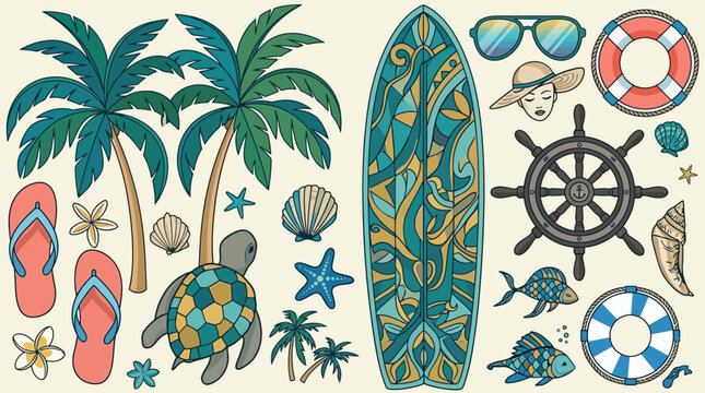 Conjunto de elementos de verano dibujados a mano con tabla de surf decorada, palmeras, tortuga marina, salvavidas, gafas de sol y accesorios de playa en estilo ilustraci&oacute;n vectorial.