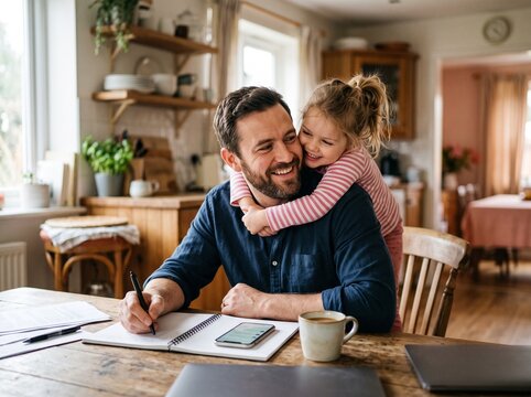 Happy Father Working at Home While Daughter Hugs Him Family Lifestyle Concept