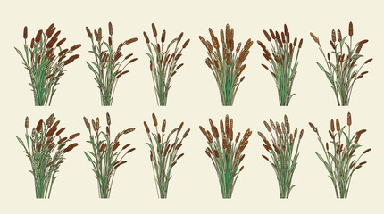 Fototapeta premium Eine Sammlung von zwölf isolierten Rohrkolben-Pflanzenbüscheln auf einem hellen Hintergrund, ideal für botanische Illustrationen und digitale Landschaftsgestaltungsprojekte.