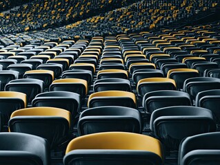 Obraz premium Wide view of modern tiered stadium seating with black and yellow chairs and empty rows during daytime