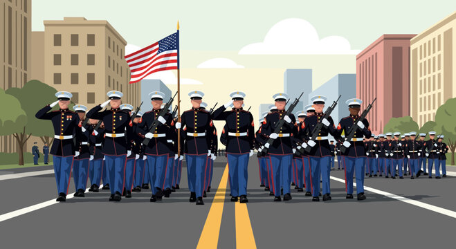 United States Marines marching in precise formation during a patriotic parade with American flag held high