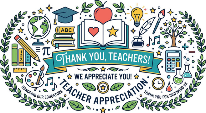 Colorful teacher appreciation illustration with books, apple, globe, and school supplies on white background showing gratitude to educators