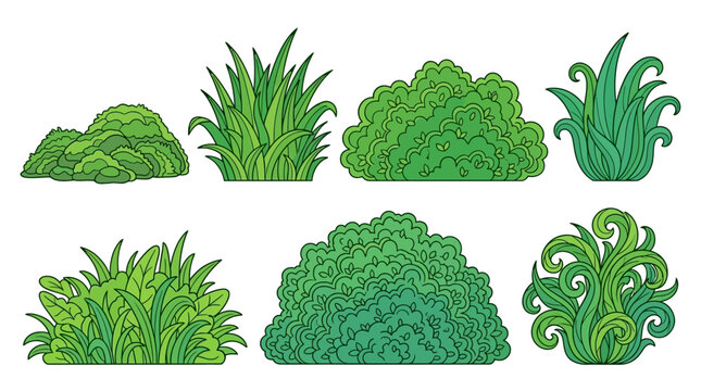 Ensemble d'illustrations vectorielles de buissons et touffes d'herbe vertes stylis&eacute;es pour le design de paysages, jardins et &eacute;l&eacute;ments de d&eacute;coration naturelle sur fond blanc.