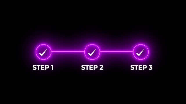 Neon Purple Animated Checklist Process: Glowing Three-Step Progress Bar with Checkmark Icons on Black Background for Business Presentation, Project Milestone, Task Completion, and Digital UI UX Design