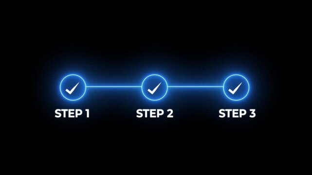 Glowing neon Animated Checklist Process: Glowing Three-Step Progress Bar with Checkmark Icons on Black Background for Business Presentation, Project Milestone,.