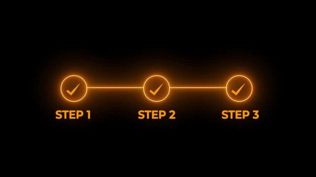 Neon Animated Checklist Process: Glowing Three-Step Progress Bar with Checkmark Icons on Black Background for Business Presentation, Project Milestone, Task Completion, and Digital UI UX Design