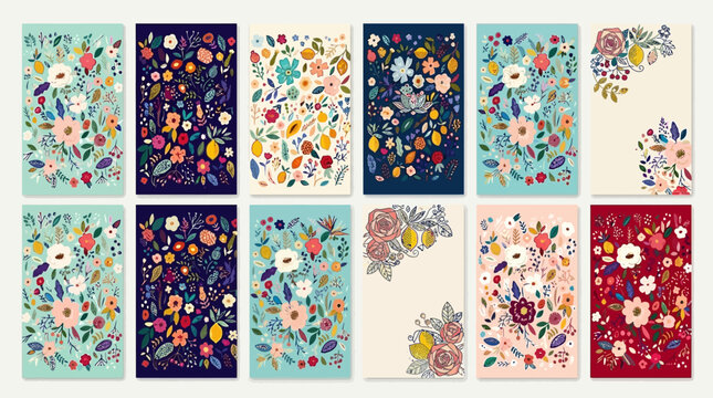 Conjunto de doce tarjetas con dise&ntilde;os florales bot&aacute;nicos coloridos, patrones de flores silvestres, ilustraciones art&iacute;sticas de plantas y hojas sobre fondos de diversos colores vibrantes.