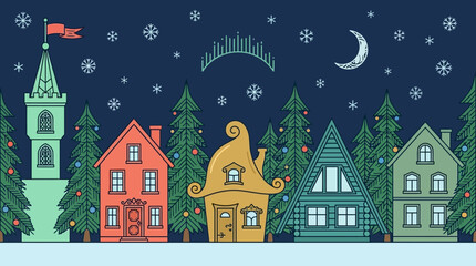 Obraz premium Illustration vectorielle d'un village de Noël féerique avec des maisons colorées, des sapins décorés, un croissant de lune et des flocons de neige sur un fond bleu nuit hivernal
