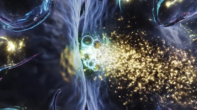 Microscopic Cells Releasing Energy Particles - A cluster of translucent spheres, resembling cells or molecules, are seen emitting bright, golden particles into a dark, nebulous background.