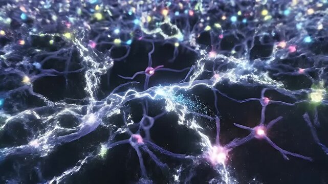 Neuronal Synapse Firing - A close-up, abstract visualization of two neurons communicating through a synapse, with a burst of blue and pink light and energy particles representing the transmission of