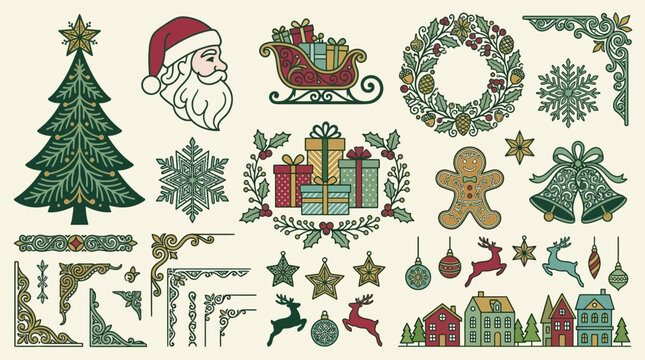 Conjunto de ilustra&ccedil;&otilde;es vetoriais de Natal com elementos decorativos vintage, incluindo Papai Noel, &aacute;rvore, presentes, rena, biscoito de gengibre e bordas ornamentadas para design festivo.