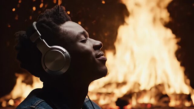 Man Listening to Music by Campfire - A young man with headphones on closes his eyes, appearing relaxed and immersed in his music.
