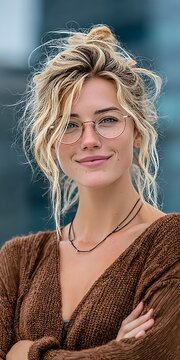 Smiling Blonde Woman with Glasses in Casual Knit Sweater