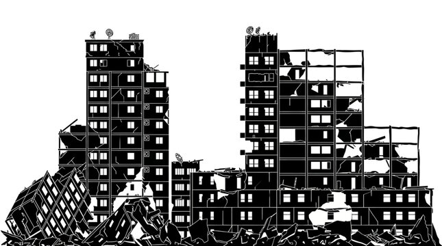 Silueta negra de edificios de apartamentos en ruinas y destruidos tras un desastre, con escombros en primer plano sobre un fondo blanco aislado para dise&ntilde;o gr&aacute;fico.