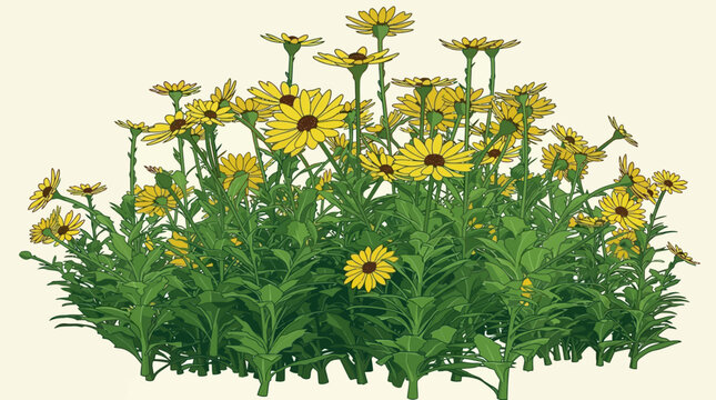 Ilustra&ccedil;&atilde;o vetorial de um arbusto denso com flores amarelas vibrantes e folhas verdes detalhadas, isolado sobre um fundo de cor creme suave para design gr&aacute;fico.