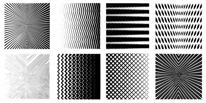Linear patterns collection black and white geometric vector illustration