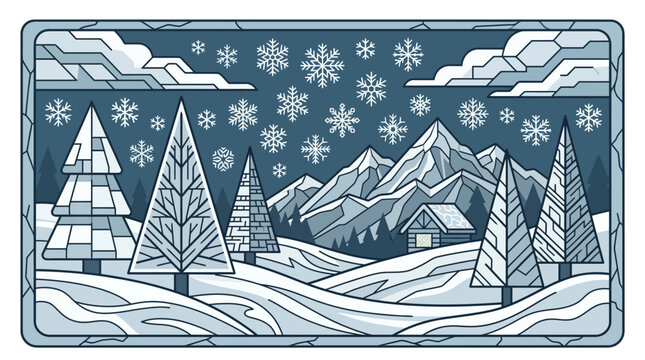 Ilustra&ccedil;&atilde;o vetorial estilizada de uma paisagem de inverno com montanhas cobertas de neve, pinheiros geom&eacute;tricos, uma pequena cabana r&uacute;stica e flocos de neve caindo em um design plano.