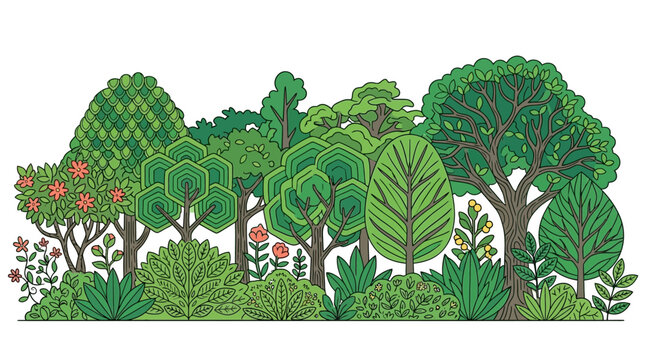 Eine flache, stilisierte Illustration eines dichten Waldes mit verschiedenen Baumarten, Str&auml;uchern und Blumen in gr&uuml;nen Farbt&ouml;nen auf einem wei&szlig;en Hintergrund f&uuml;r grafische Designs.