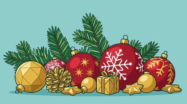 Eine festliche weihnachtliche Illustration mit roten und goldenen Christbaumkugeln, Tannenzweigen, Geschenken und Sternen auf einem hellblauen Hintergrund f&uuml;r die Feiertage.