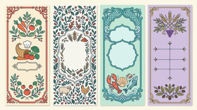 Set di quattro banner verticali decorativi in stile vintage con illustrazioni di cibo, verdure, frutti di mare, grano e motivi floreali eleganti su sfondi colorati pastello.