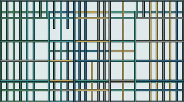 Abstraktes Hintergrundbild mit einem geometrischen Gittermuster aus vertikalen und horizontalen Linien in verschiedenen Blau-, Grau- und Beiget&ouml;nen auf einem hellen Untergrund.