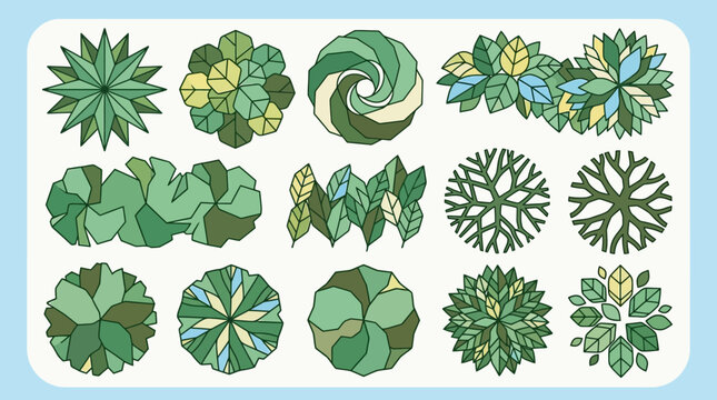 Conjunto de iconos vectoriales de &aacute;rboles y arbustos vistos desde arriba para planos arquitect&oacute;nicos, dise&ntilde;o de paisajes y proyectos de planificaci&oacute;n urbana con estilo ilustrado.