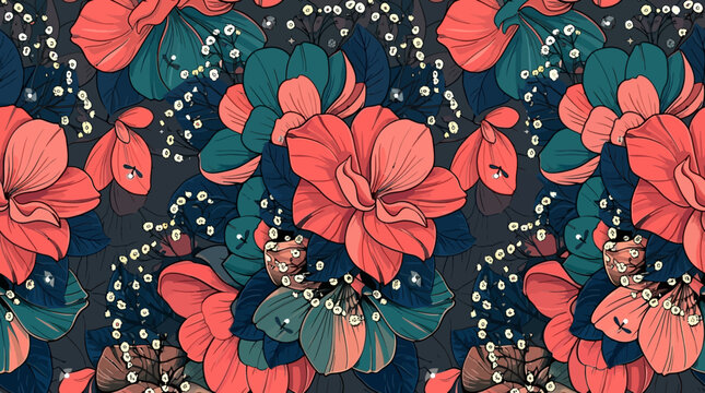 Nahtloses florales Muster mit leuchtend korallenroten Bl&uuml;ten und tiefgr&uuml;nen Bl&auml;ttern auf einem dunklen Hintergrund f&uuml;r stilvolle Textildesigns und dekorative Oberfl&auml;chen
