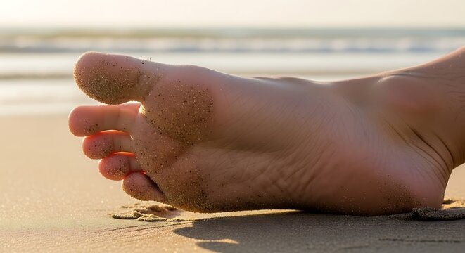 Close up of a bare foot resting on a sandy beach during sunset.