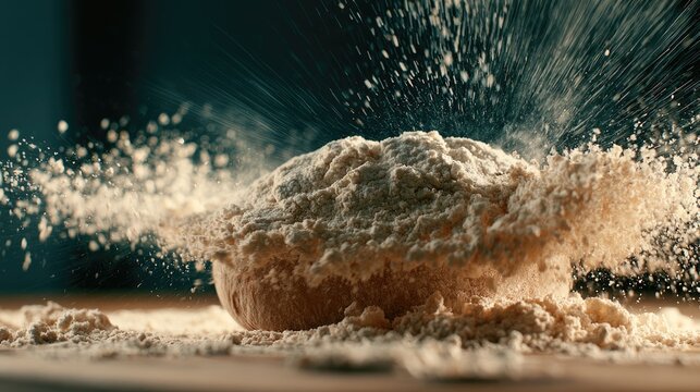 Close-up of a baking bread dough with flour explosion on dark background
