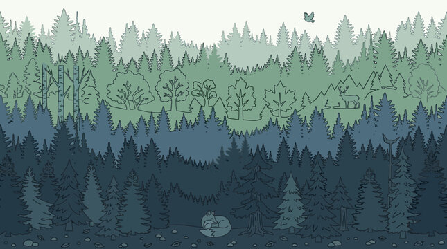 Illustrazione vettoriale di una foresta stratificata con alberi stilizzati, una volpe accovacciata e un uccellino in volo, caratterizzata da tonalit&agrave; di verde e blu su sfondo chiaro.