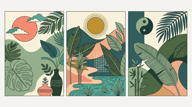Set von drei modernen Wandkunst-Postern mit abstrakten tropischen Pflanzen, Palmenbl&auml;ttern, Yin-Yang-Symbol, Sonne und geometrischen Formen in einer harmonischen, erdigen Farbpalette.