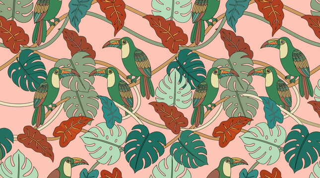 Motivo senza cuciture con tucani stilizzati e foglie di monstera tropicali su sfondo rosa pastello, ideale per design tessile, carta da parati decorativa e progetti di cancelleria creativa.