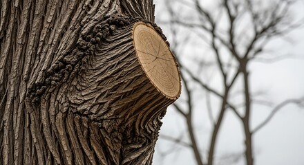 Fototapeta premium Close up of a cut branch on a textured tree trunk in winter.