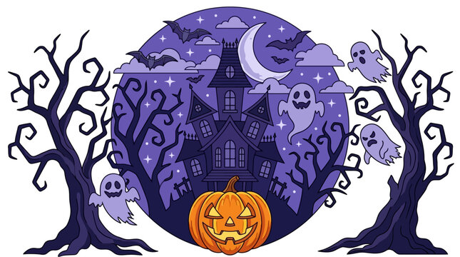 Illustrazione vettoriale di Halloween con una casa stregata, zucca intagliata, fantasmi volanti, pipistrelli e alberi spogli sotto una luna crescente in un cielo notturno viola.