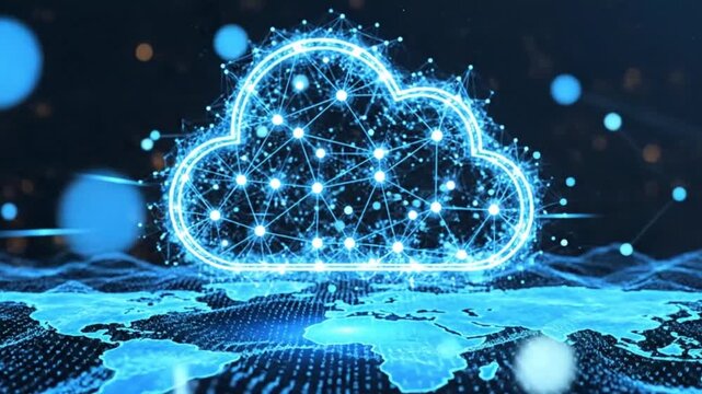 A glowing blue cloud icon with a network of connections on a world map background with a dark and futuristic atmosphere representing cloud computing and global connectivity