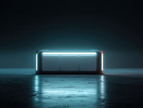 Modern illuminated counter or bar in a dark, minimalistic setting with neon lighting