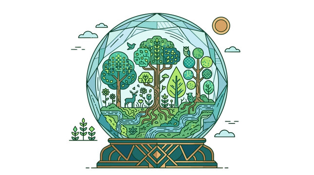 Ilustraci&oacute;n vectorial de un ecosistema forestal en miniatura dentro de una esfera de cristal, con &aacute;rboles, animales salvajes, un r&iacute;o y elementos naturales en un dise&ntilde;o lineal elegante.