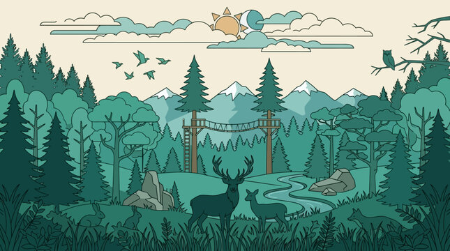 Eine flache Vektorillustration eines malerischen Waldes mit majest&auml;tischen Hirschen, schneebedeckten Bergen, einer H&auml;ngebr&uuml;cke zwischen B&auml;umen und einer friedlichen Wildtierlandschaft.