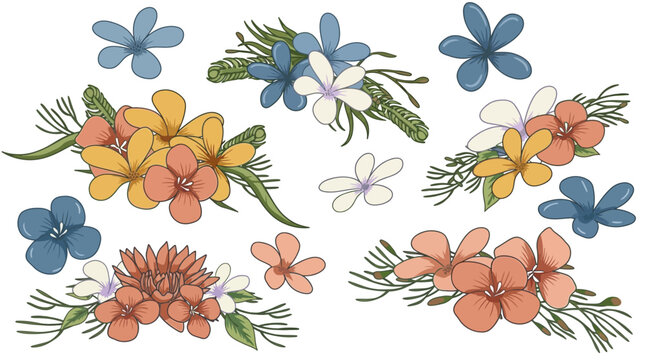 Conjunto de ilustra&ccedil;&otilde;es bot&acirc;nicas desenhadas &agrave; m&atilde;o com arranjos de flores tropicais coloridas, folhagens verdes e p&eacute;talas soltas isoladas em um fundo branco para design criativo.
