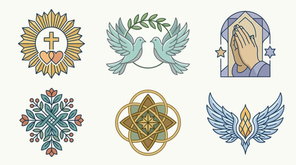 Obraz premium Conjunto de iconos religiosos y espirituales con símbolos cristianos como palomas, manos en oración, cruces y elementos florales en un estilo de diseño lineal y elegante