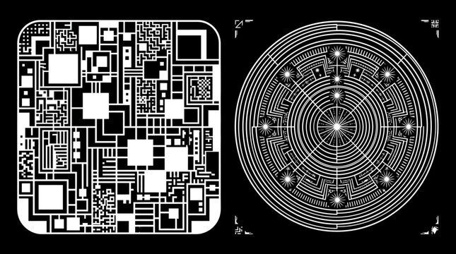 Dise&ntilde;o gr&aacute;fico abstracto con un panel de circuito cuadrado y un elemento circular conc&eacute;ntrico estilo radar sobre un fondo negro, ideal para conceptos de tecnolog&iacute;a, datos y sistemas digitales.