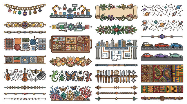 Colecci&oacute;n de bordes decorativos y divisores de p&aacute;gina con ilustraciones tem&aacute;ticas variadas que incluyen elementos de naturaleza, tecnolog&iacute;a, m&uacute;sica, espacio y patrones abstractos.