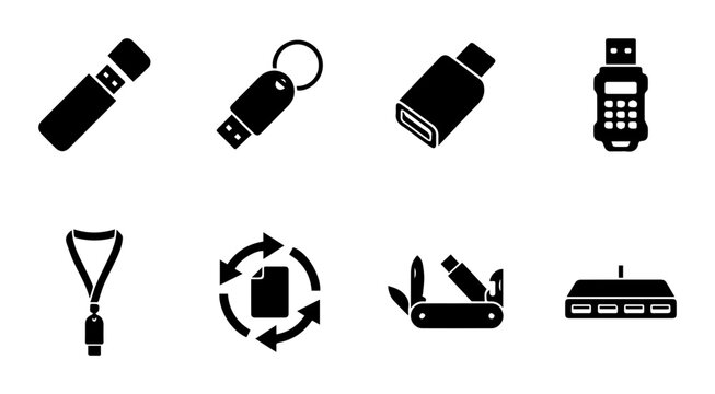 USB Drive Icons, Flash Memory Storage, Data Transfer Tools, Digital Gadget Set
